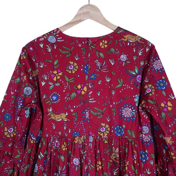 La DoubleJ Womens Bambi Dress Red Floral Print 40 Midi Long Sleeve Boho Chic Fit - Picture 11 of 15